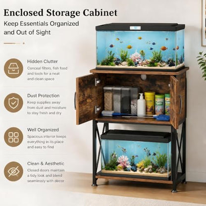 Herture 5-10 Gallon Fish Tank Stand, Metal Double Aquarium Stand with Cabinet for Fish Tank Accessories Storage, Heavy Duty 20.5" L* 11.02" W Tabletop, 500LBS Capacity Rustic Brown and Black PG06YGN