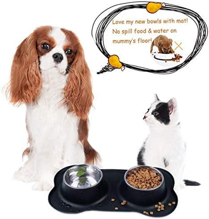 AsFrost Dog Food Bowls Stainless Steel Pet Bowls & Dog Water Bowls No Spill Non Skid, Feeding Bowls with Dog Bowls Silicone Mat for Small Medium Large Size Dogs, Cat Pet Dog Dishes Set, Black, 3 Cup