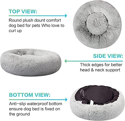 SAVFOX 20 inches Calming Donut Dog Bed - 3X Durable Plush Faux Fur, Machine Washable & Non-Slip, Fits up to 15 lbs, Light Grey