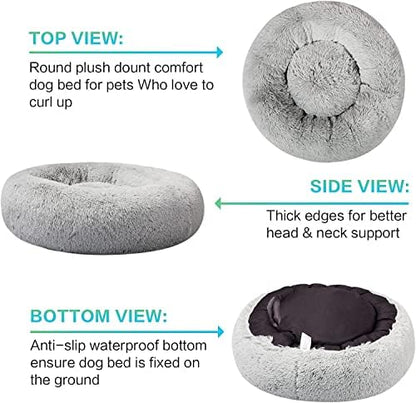 SAVFOX 20 inches Calming Donut Dog Bed - 3X Durable Plush Faux Fur, Machine Washable & Non-Slip, Fits up to 15 lbs, Light Grey