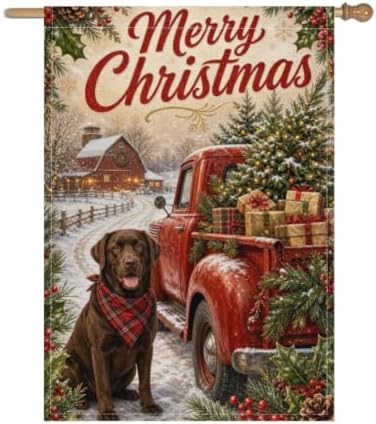 Christmas Labrador House Flag 28x40 Inch Merry Holiday Chocolate Dog Red Truck Tree Gifts Snowy Barn Rustic Farmhouse Outdoor Yard Lawn Porch Double Sided Banner Welcome Decor