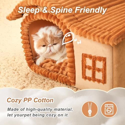 Jiupety Bear Cat Houses for Indoor Cats, Chimney Cute Cat Bed Cave, Enough Interior Space, Cartoon Soft Pet House Up to 3-10 lbs Kitten, Brown