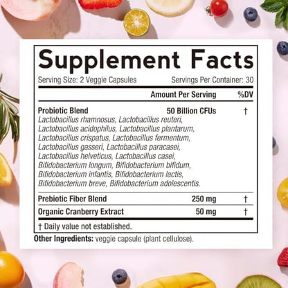 Doctor's Recipes Women's Probiotic, 60 Caps 50 Billion CFU 16 Strains, with Organic Cranberry, Digestive Immune Vaginal & Urinary Health, Shelf Stable, Delayed Release, No Soy Gluten Dairy