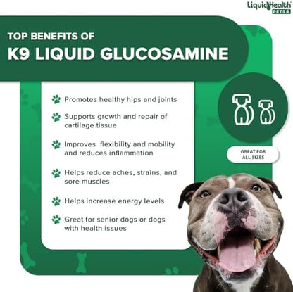 LIQUIDHEALTH Pets K9 Liquid Glucosamine for Dogs, Puppies, Senior Canines with Chondroitin, MSM, Hyaluronic Acid - Dog Vitamins for Hip Joint Health, Dog Joint Oil, Joint Juice - Made in USA (2 Pack)