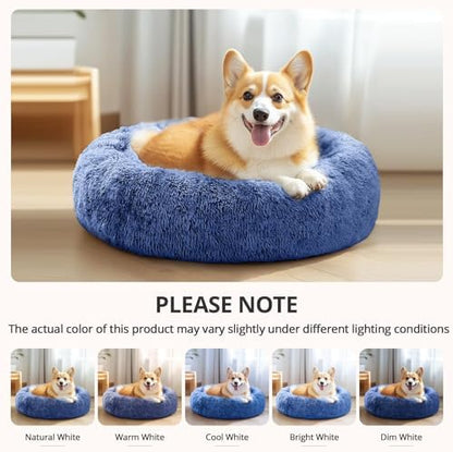 JOLLYVOGUE Calming Small Dog & Cat Bed for Indoor Cats - 20 inches Washable Donut Bed for Kittens & Puppies, Anti-Anxiety Round Fluffy Plush Pet Beds (Fits up to 15 lbs, Navy Blue)