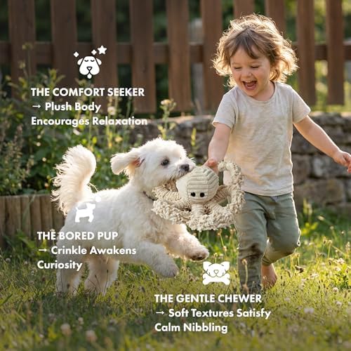 Petlou Durable Natural Nubby Plush Dog Toys with Squeaker and Crinkle Paper in Multi-Size (Natural Octopus, 9 Inch)