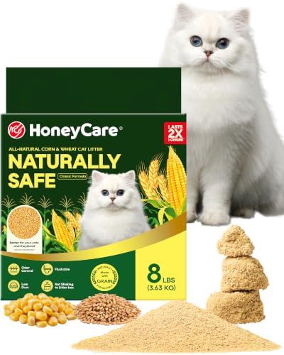 HONEY CARE All-Natural Corn & Wheat Clumping Cat Litter, Flushable, Low Dust, Odor Control, 8 lbs, Single Bag