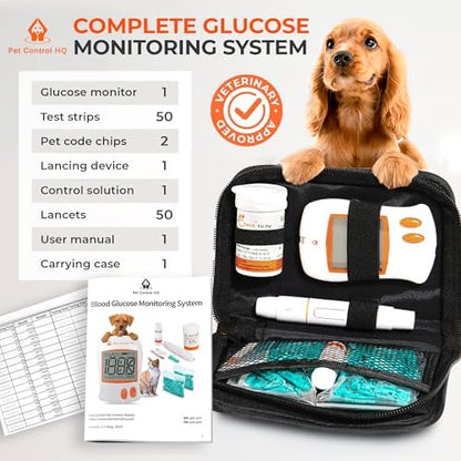 Pet Blood Sugar Glucose Monitoring Kit for Dogs and Cats - Pet Glucose Diabetic Monitor System - Accurate Diabetes Testing 2 Code-Chips for Dog/Cat, Lancets - Monitor + 50 Test Strips
