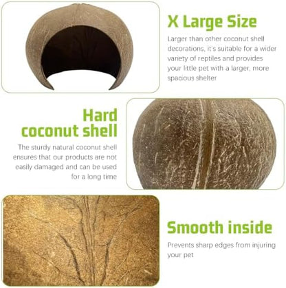 PINVNBY Large Natural Coconut Reptile Hideouts Lizard, Coco Hut Hermit Crab Hut Aquarium Fish Hide Cave for Small Reptile Crested Gecko Leopard Gecko Spider Snail Climber Toys