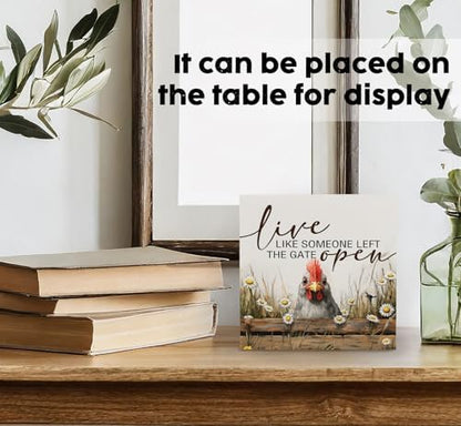 Chicken Rooster Decor Signs,Cottagecore Chicken Wooden Signs,Rustic Farmhouse Live Like Someone Left The Gate Open Wood Sign,Farm Animal Rooster Decor For Kitchen Office Badroom