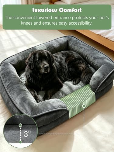 Spotted Play Orthopedic Dog Bed with Sides - Sofa Beds for Extra Large Dogs, Supportive Foam Pet Couch Bed with Washable Removable Cover, Waterproof Lining and Non-Slip Bottom, Dark Grey - XXL