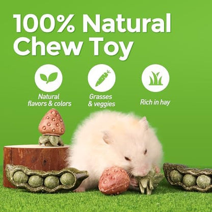TEEWY 4PCS Guinea Pig Toys, Prevent Teeth Overgrowth, Natural Vegetables and Timothy Grass, Hamster Chew Toys, Guinea Pig Chew Toys, Chinchilla Toys, Peapod and Stawberry Chew Toy Set