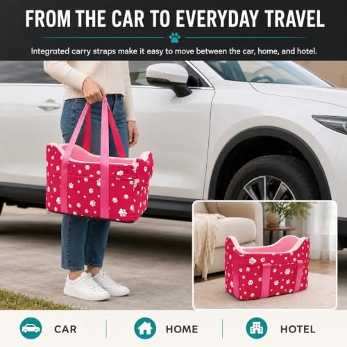 Center Console Dog Car Seat for Small Dogs Under 15 lbs - Detachable Washable Carrier with Safety Belt & Storage Pockets, Pink