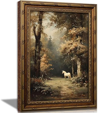 Vintage Gold Framed Horse Wall Art, Magical Forest Landscape Oil Painting Canvas Print, Moody Animal Wall Decor, Fantasy Woodland Picture Poster, Rustic Farmhouse Artwork for Bedroom Living Room
