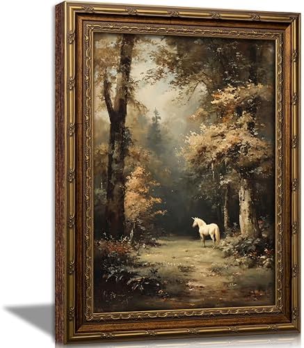 Vintage Gold Framed Horse Wall Art, Magical Forest Landscape Oil Painting Canvas Print, Moody Animal Wall Decor, Fantasy Woodland Picture Poster, Rustic Farmhouse Artwork for Bedroom Living Room