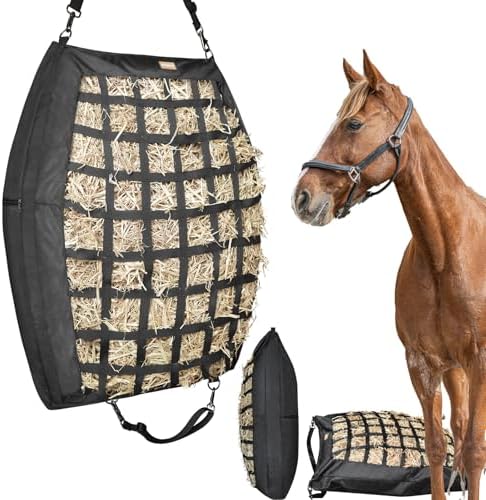 Hay Bags for Horses Slow Feed,Heavy Duty Oxford Fabric with Widening Side Design, Full Back Zipper & Adjustable Strap for Easy Filling, Hanging and Clean Eating New Version