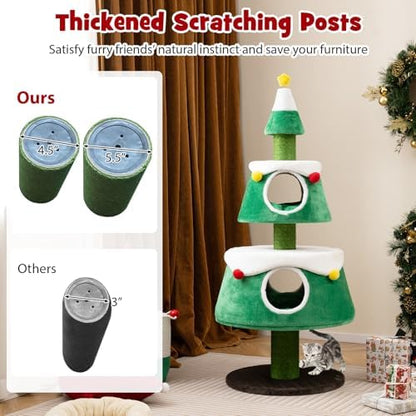 PETSITE 60 inch Cat Christmas Tree, Cute Cat Tower with 2 Condos, Sisal Scratching Posts, Spring Toy, Removable Beds, Modern Holiday Cat Tree Tower for Indoor Cats