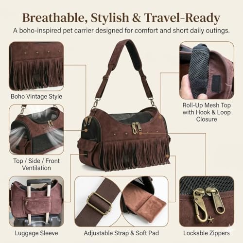 Vintage Pet Carrier Purse for Small Dogs and Cats, Cat Carrier Bag with Upgraded Zipper and Adjustable Shoulder Strap, Breathable Puppy Carrier Handbag for Travel, Walking, Daily Outings (Brown)