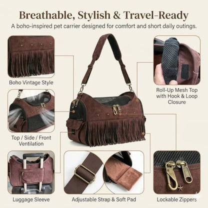 Vintage Pet Carrier Purse for Small Dogs and Cats, Cat Carrier Bag with Upgraded Zipper and Adjustable Shoulder Strap, Breathable Puppy Carrier Handbag for Travel, Walking, Daily Outings (Brown)