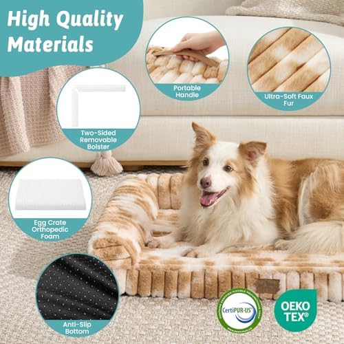 COZY KISS Faux Rabbit Fur Medium Dog Bed – 36"x27" Orthopedic Foam Couch with Sides, Removable Washable Cover & Waterproof Lining, Tie-Dye Brown