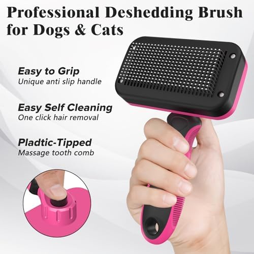 2PCS Self Cleaning Slicker Brush & Dog Comb - Skin Friendly Deshedding Grooming Tool for Dogs, Cats and Small Animals, Professional Deshedding Dematting Tool for Long and Short Haired Pets (Red)