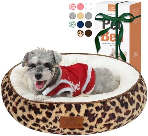 Zerbuger 23in Leopard Round Dog Bed Sofa for Dogs Cats, Machine Washable