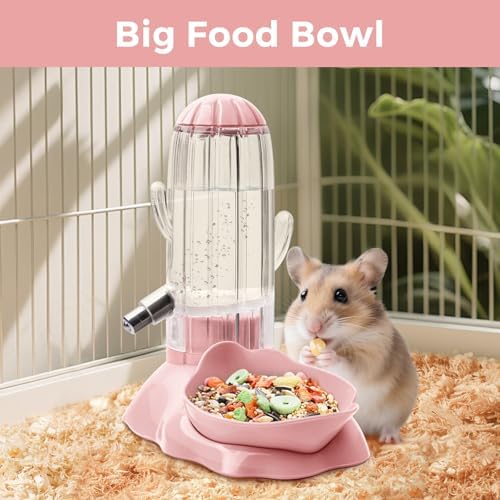 Vannon 2 in 1 Hamster Feeder Small Animal Water Bottle & Food Bowl Water Dispenser & Food Dish Bowl for Hamster, Small Mice, Rat, Gerbil, 4.6oz/130ml, BPA Free, Pink