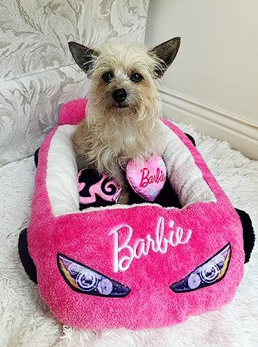 Megatoys Barbie Plush Car Pet Bed- Themed Plush Pink Pet Bed for Dogs and Cats – Soft and Cozy Pet Bed with Barbie Pillow and Car Design