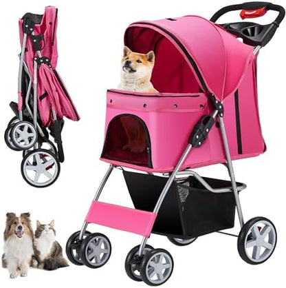 Unisakey Foldable 4-Wheel Pet Stroller for Dogs Cats 10-33lbs, Pink