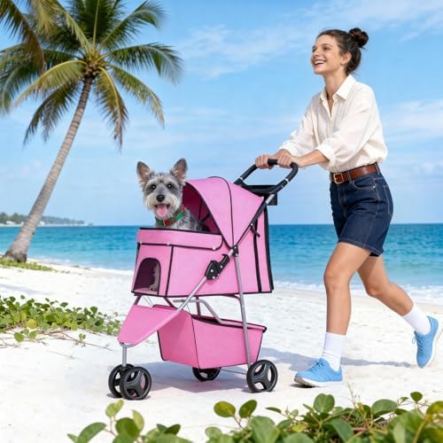 BestPet | 3-Wheel Pet Stroller | Pink | Foldable Dog and Cat Stroller