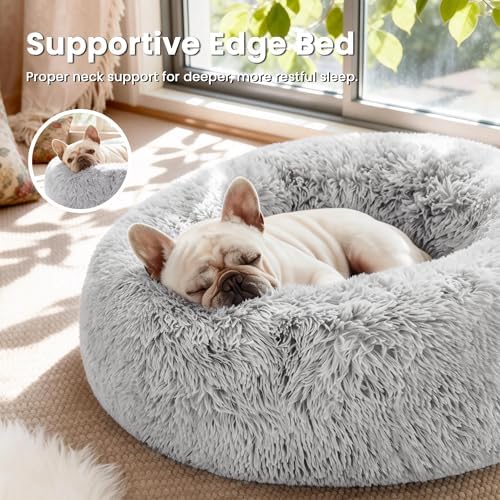 Love's cabin Calming Cat Bed for Indoor Cats, Anti-Anxiety Donut Round Dog Bed,Fluffy Faux Fur Washable Pet Bed for Small Medium Dogs and Cats, Grey, 24in
