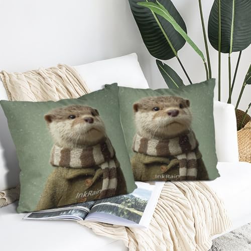 InkRain Winter Animal Cute Otter Pillow Cover 14x14 Inch Set of 2 Home Decor Decorative Cotton Linen Illustration Pillowcases for Living Room House Sofa