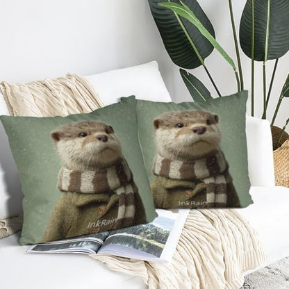 InkRain Winter Animal Cute Otter Pillow Cover 28x28 Inch Set of 2 Home Decor Decorative Cotton Linen Illustration Pillowcases for Living Room House Sofa