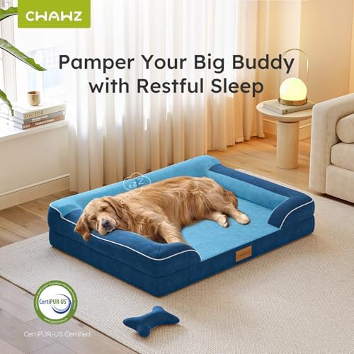 CWAWZ Jumbo Dog Bed for Extra Large Dogs, Orthopedic Dog Bed with Cooling Gel Memory Foam, Waterproof Pet Bed with Removable Washable Cover, 45" Pet Sofa Couch Dutch Velvet with Bone Toy, Navy Blue