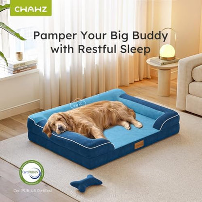 CWAWZ Jumbo Dog Bed for Extra Large Dogs, Orthopedic Dog Bed with Cooling Gel Memory Foam, Waterproof Pet Bed with Removable Washable Cover, 45" Pet Sofa Couch Dutch Velvet with Bone Toy, Navy Blue