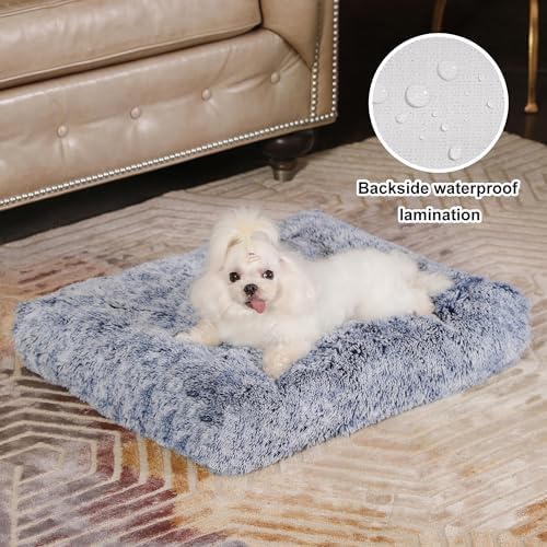 Bedfolks Plush Waterproof Dog Crate Bed, Removable Washable Cover, Faux Fur, 17"x12", Dark Blue