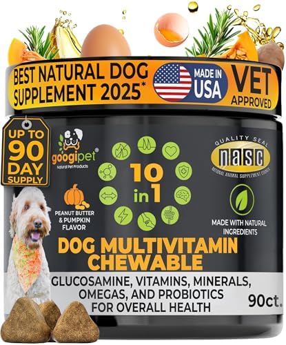 Googipet Premium Dog Multivitamin Chewable, Dog Vitamins and Supplements, Puppy Vitamins & Senior Dogs Probiotics for Gut Health + Vitamin C, Glucosamine for Dogs Joint Support (PB & Pumpkin Flavor)
