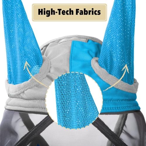 Harrison Howard Pro Luminous Horse Fly Mask Standard with Ears UV Protection for Horse Azure Blue/Silver Large Full Size