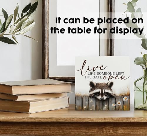 Raccoon Sign - Live Like Someone Left The Gate Open Wooden Box Signs, Raccoon Decor, Farmhouse Trash Panda Wood Decoration Home Decor For Desk Table Shelf 6x6 Inch Decorative Signs & Plaques