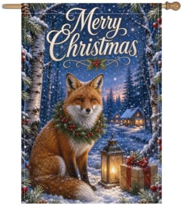Merry Christmas House Flag 28x40 Inch Red Fox Pine Wreath Lantern Gift Snowy Birch Forest Rustic Winter Outdoor Yard Lawn Front Porch Welcome Double Sided Banner Decor
