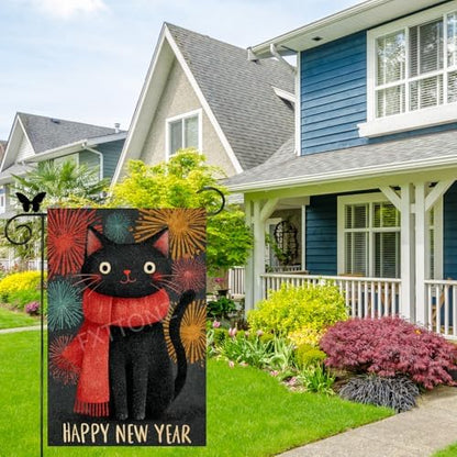 Happy New Year Garden Flag 12x18 Double Sided Vertical Linen Small Fireworks Black Cat House Flag Welcome Holiday Winter House Outdoor Outside Decorations (27173)