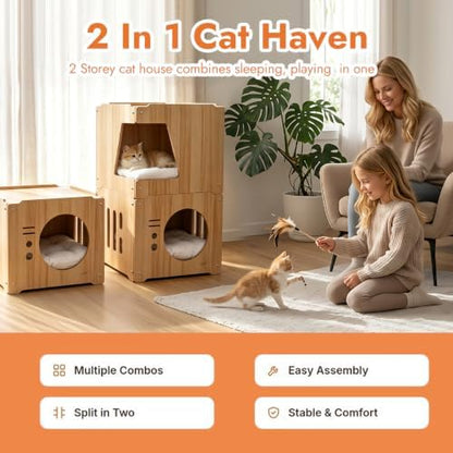 Large Cat Cave for Pet Cat Bed for Indoor Cats Cat House for Multi Pet & Large Kitten Kitty Cat Condo Cube Wooden Style 15 * 15 * 12.5 inches (Circle)