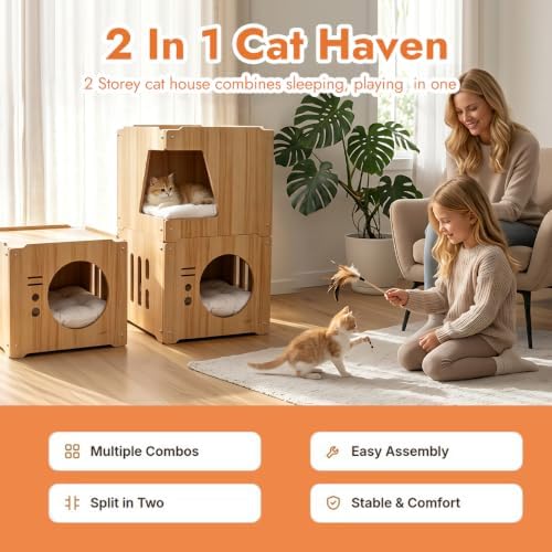 Cat Beds for Indoor Cats Cat House 2-Story Cat Condo Cube (white mat white)