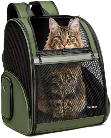 Pet Backpack Carrier, Large Cat Carrier Backpack Up to 20 Lbs with Breathable Mesh, for Medium Large Cats or Small Dogs, Travel Hiking Camping Backpack (DarkGreen-XL)