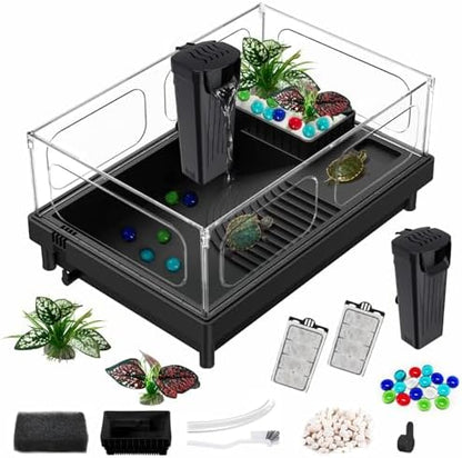 GOZILLA Small Turtle Tank with Filter, Acrylic Aquarium Turtle Tank Starter Kit with Multi-Functional Areas for Turtles, Hermit Crabs, Crayfish, Small Reptiles. (Black)