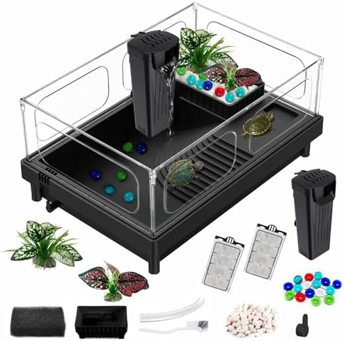 GOZILLA Small Turtle Tank with Filter, Acrylic Aquarium Turtle Tank Starter Kit with Multi-Functional Areas for Turtles, Hermit Crabs, Crayfish, Small Reptiles. (Black)