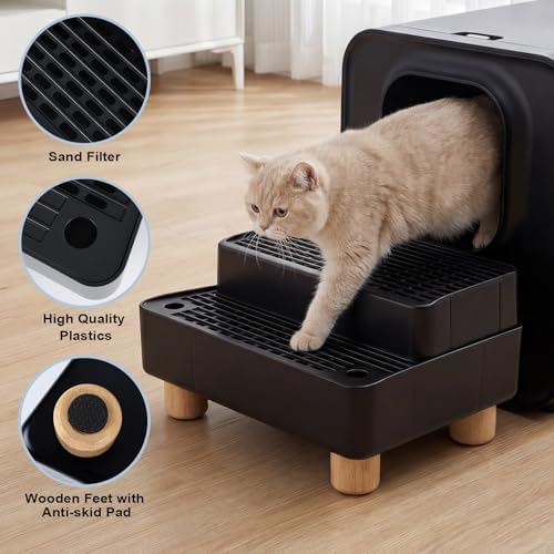 Adjustable Litter Box Step, Cat Litter Box Ramp/Catcher with Wooden Feet