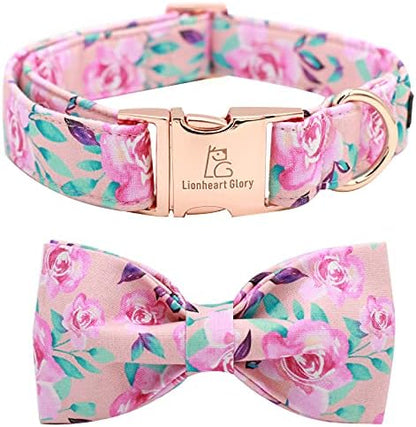 Lionheart glory Floral Rose Print Dog Collar Adjustable Soft Dog Collar with Bowtie, Girl Pet Collars for X-Small Small Medium Large Dogs