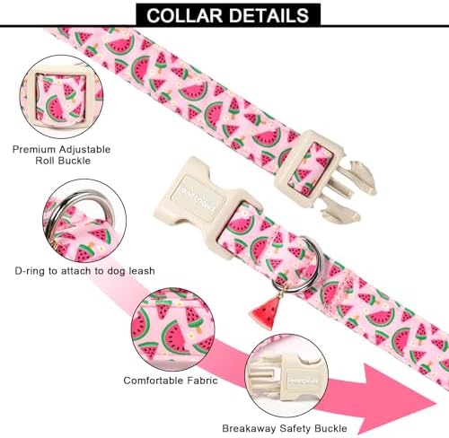 Lionet Paws Pink Watermelon Dog Collar Sweet Spring Summer Collars with Cute Watermelons Pattern Pendant - Female Girl Dog Collar for Small Medium Large Dogs S
