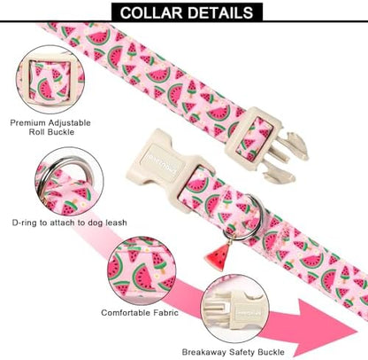 Lionet Paws Pink Watermelon Dog Collar Sweet Spring Summer Collars with Cute Watermelons Pattern Pendant - Female Girl Dog Collar for Small Medium Large Dogs S